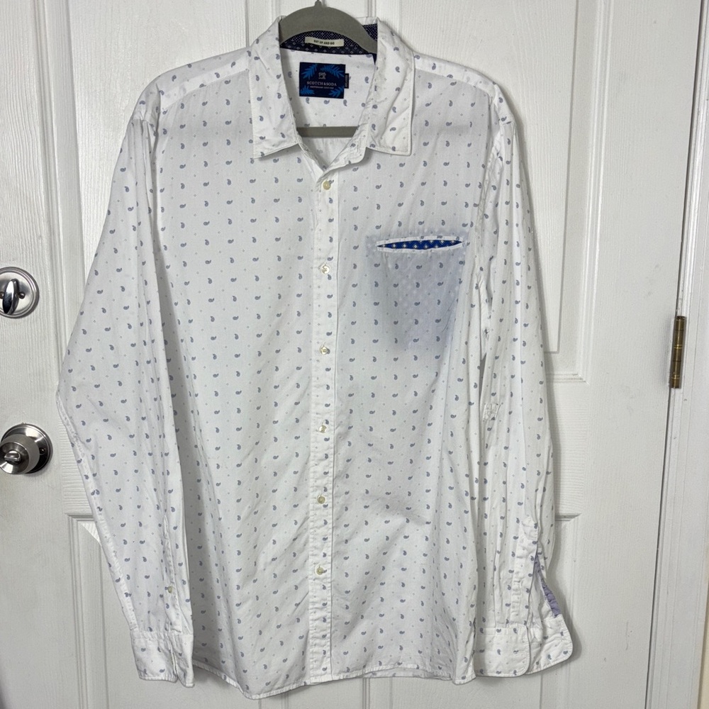 Scotch & Soda Relaxed White Button Down Shirt Blue Paisley Accents Size XXL